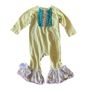 Ricrac & Ruffles Size 18 Months Long Sleeve Pant Romper Green Stripes